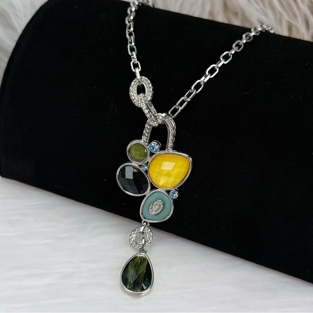 Elegant Silvertone Multi-Color Pendant Necklace
